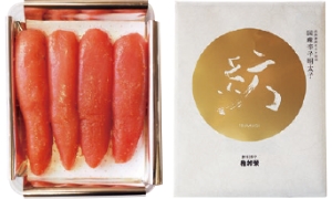 福岡「博多料亭 稚加榮」
化粧箱入り国産辛子明太子 紡
税込6,912円