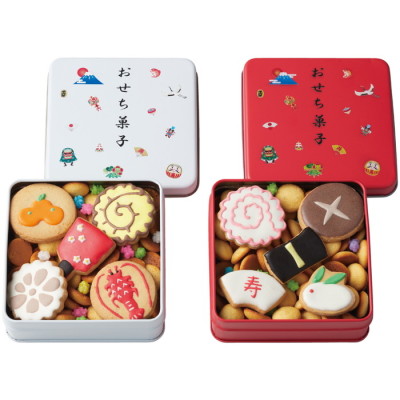 おせち菓子缶 赤白